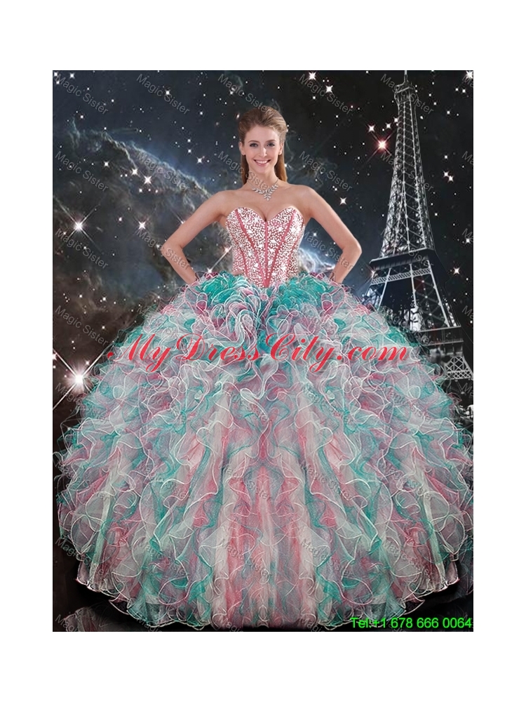 2016 Spring Pretty Sweetheart Beaded and Ruffles Quinceanera Gowns in Multi Color