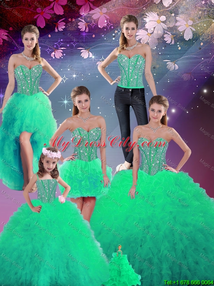 2016 Summer Cheap Sweetheart Beaded and Ruffles Detachable Sweet 16 Dresses in Turquoise