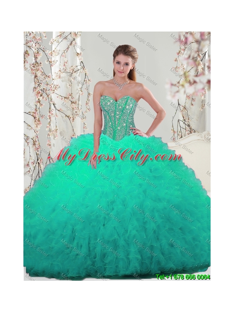 2016 Summer Cheap Sweetheart Beaded and Ruffles Detachable Sweet 16 Dresses in Turquoise