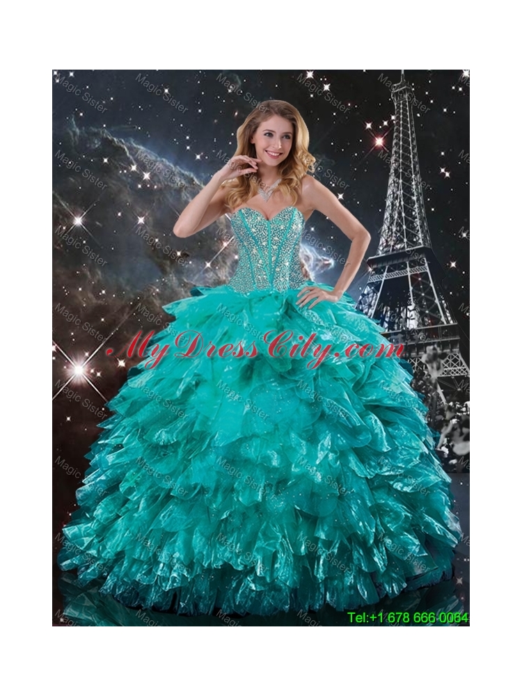 2016 Summer Popular Brush Train Turquoise Quinceanera Dresses with Beading and Ruffles