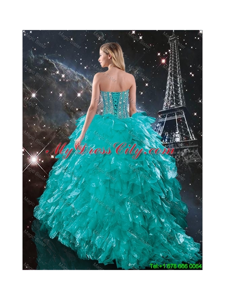 2016 Summer Popular Brush Train Turquoise Quinceanera Dresses with Beading and Ruffles