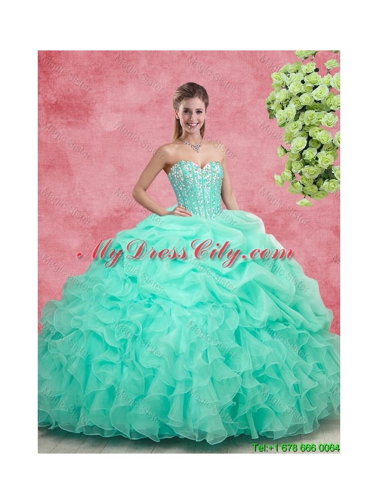 Beautiful Beaded Apple Green Quinceanera Gowns with Ruffles