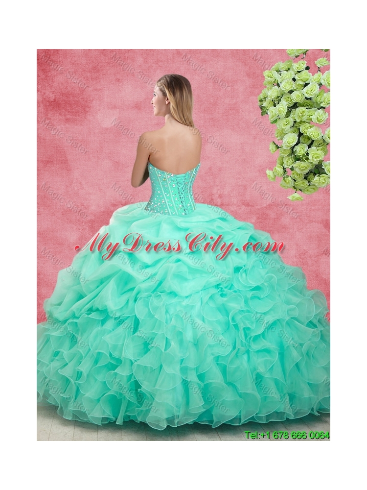 Beautiful Beaded Apple Green Quinceanera Gowns with Ruffles