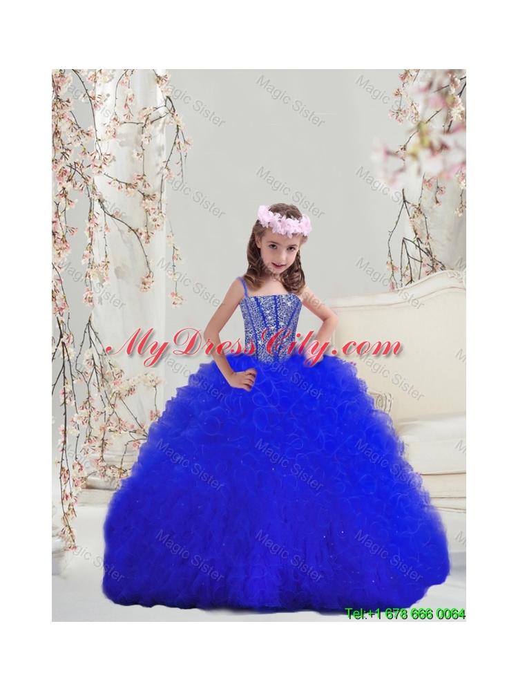 Discount Beaded and Ruffles Royal Blue Mini Quinceanera Dresses with Spaghetti