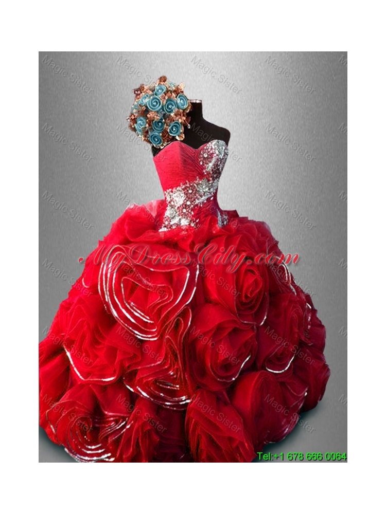 Cheap Rolling Flowers and Beaded Sweet 16 Gowns in Red