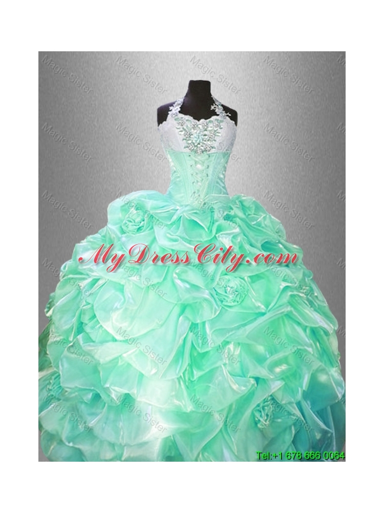 Classical Halter Top Sweet 16 Gowns with Hand Made Flowers