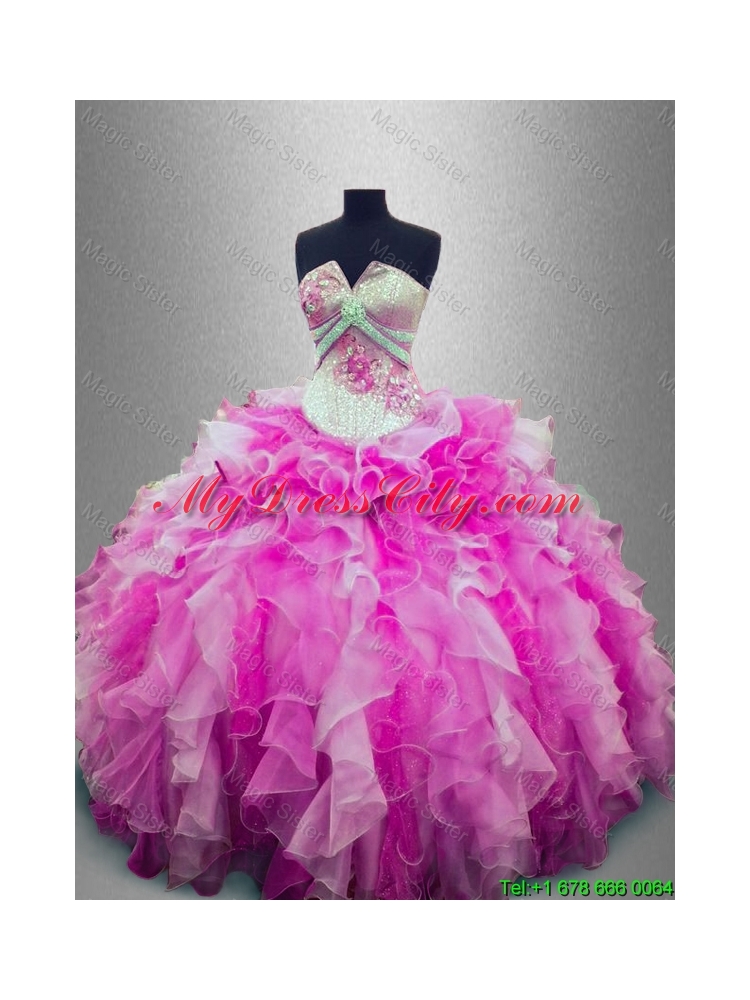 Discount Strapless Beaded Multi Color Sweet 16 Gowns with Ruffles