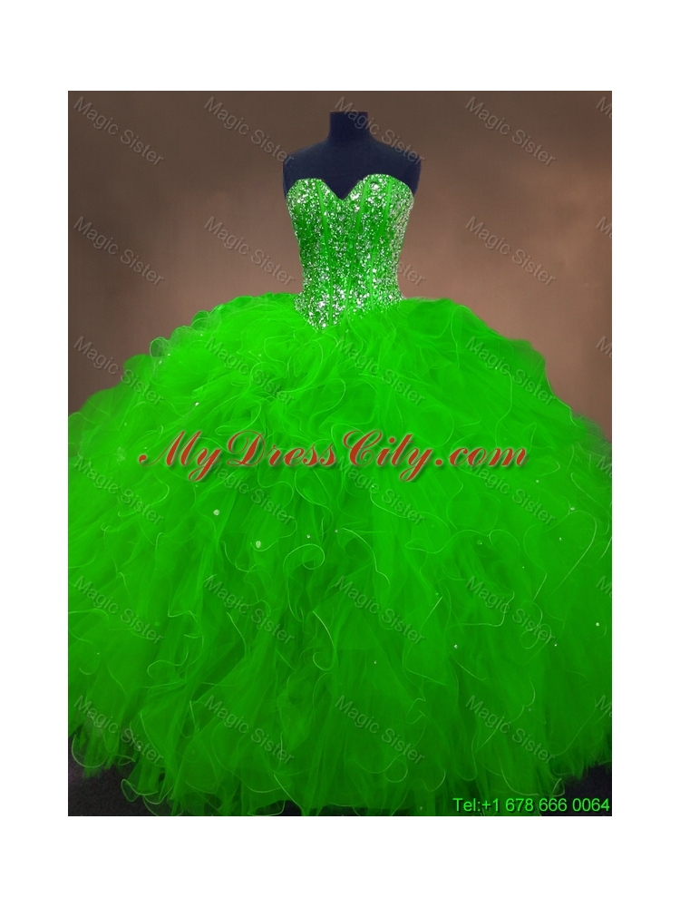 Perfect Beaded Spring Green Sweet 16 Gowns with Ruffles