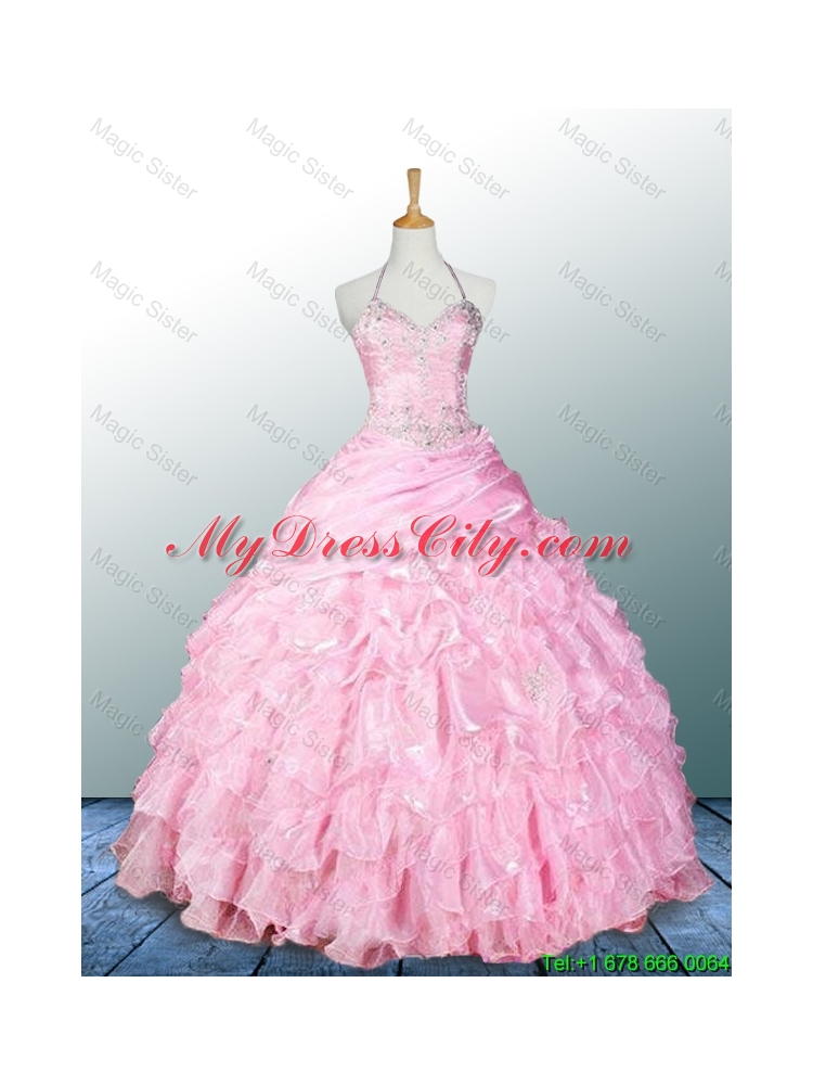 Pretty Halter Top Pink Quinceanera Dresses with Appliques