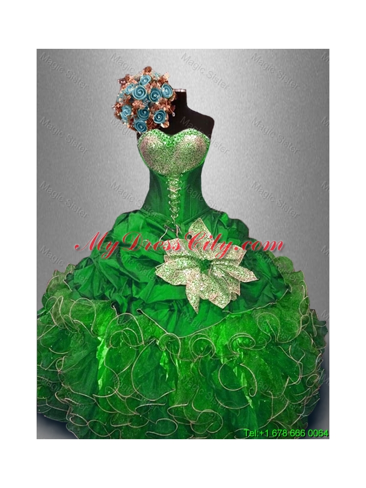 Best Selling Green Quinceanera Dresses with Sequins and Ruffles