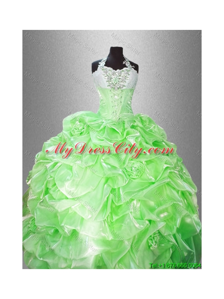 Luxurious Halter Top Pick Ups Quinceanera Gowns in Spring Green