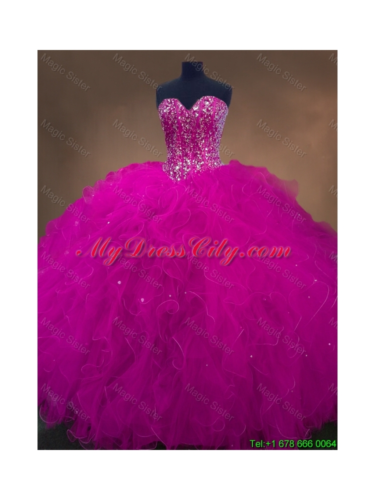 Custom Made Beaded Fuchsia Sweet 16 Dresses with Sweetheart