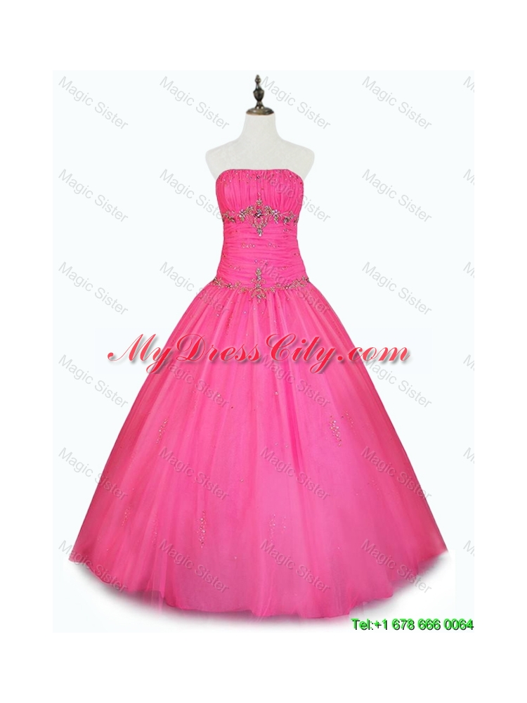 Cheap Strapless Hot Pink Quinceanera Dresses with Beading