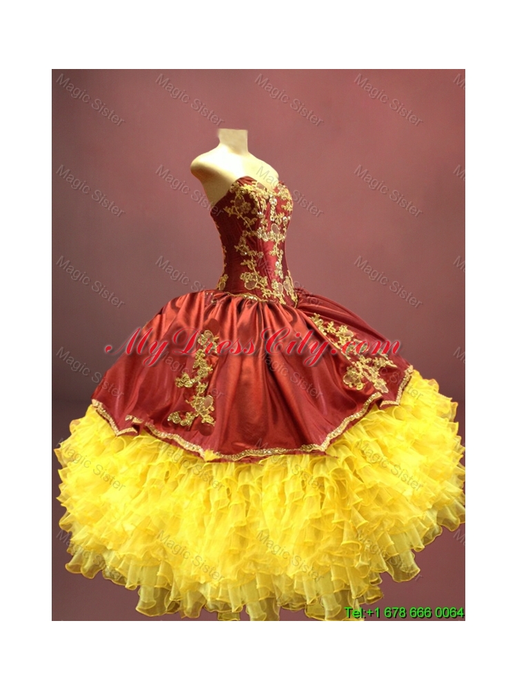 In Stock Wine Red and Yellow Sweet 16 Dresses with Appliques and Ruffles