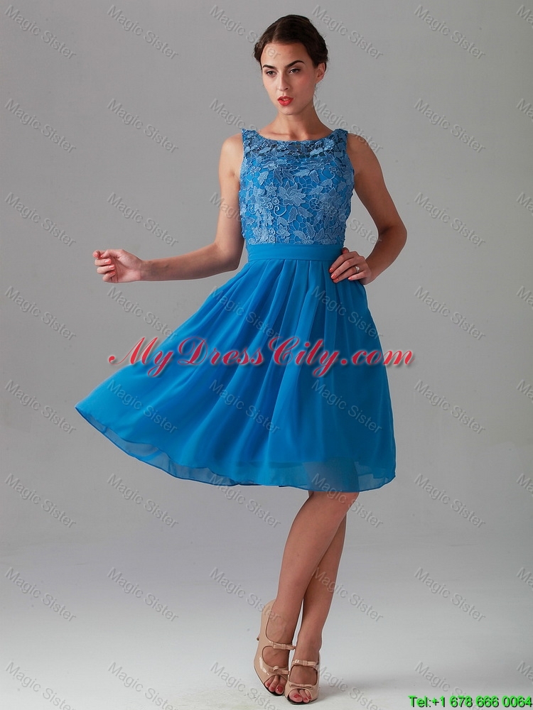 Beautiful Empire Bateau Blue Prom Dresses with Lace