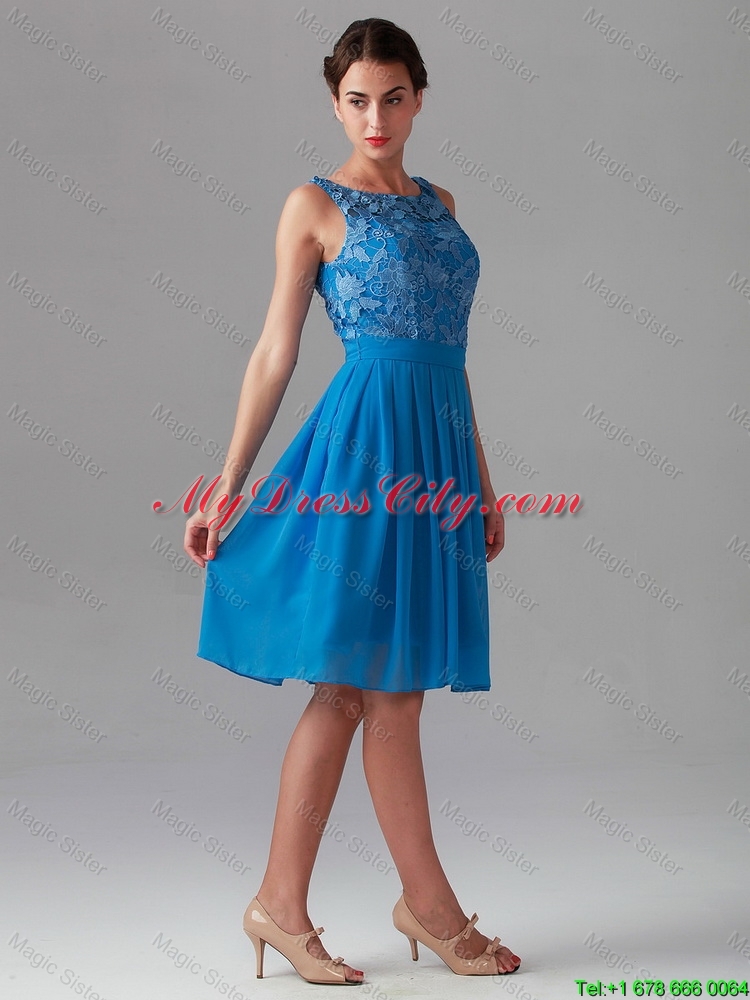 Beautiful Empire Bateau Blue Prom Dresses with Lace