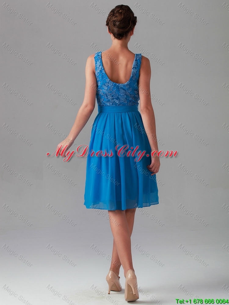 Beautiful Empire Bateau Blue Prom Dresses with Lace