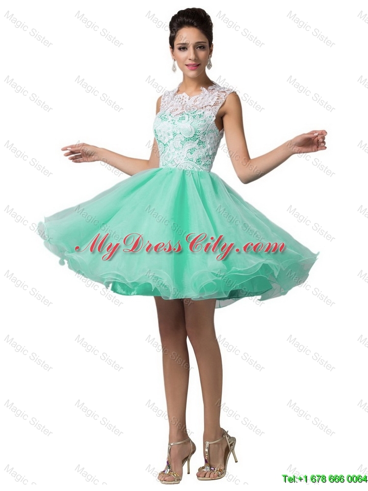 Elegant Laced Scoop A Line Prom Dresses in Apple Green