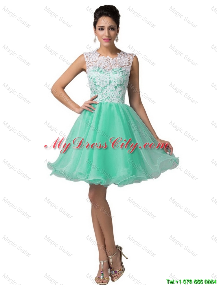 Elegant Laced Scoop A Line Prom Dresses in Apple Green