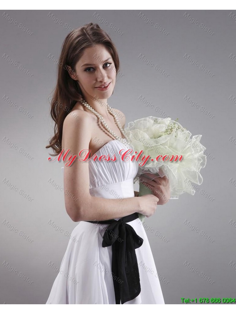 Latest White Strapless Sashes Prom Gowns with Knee Length