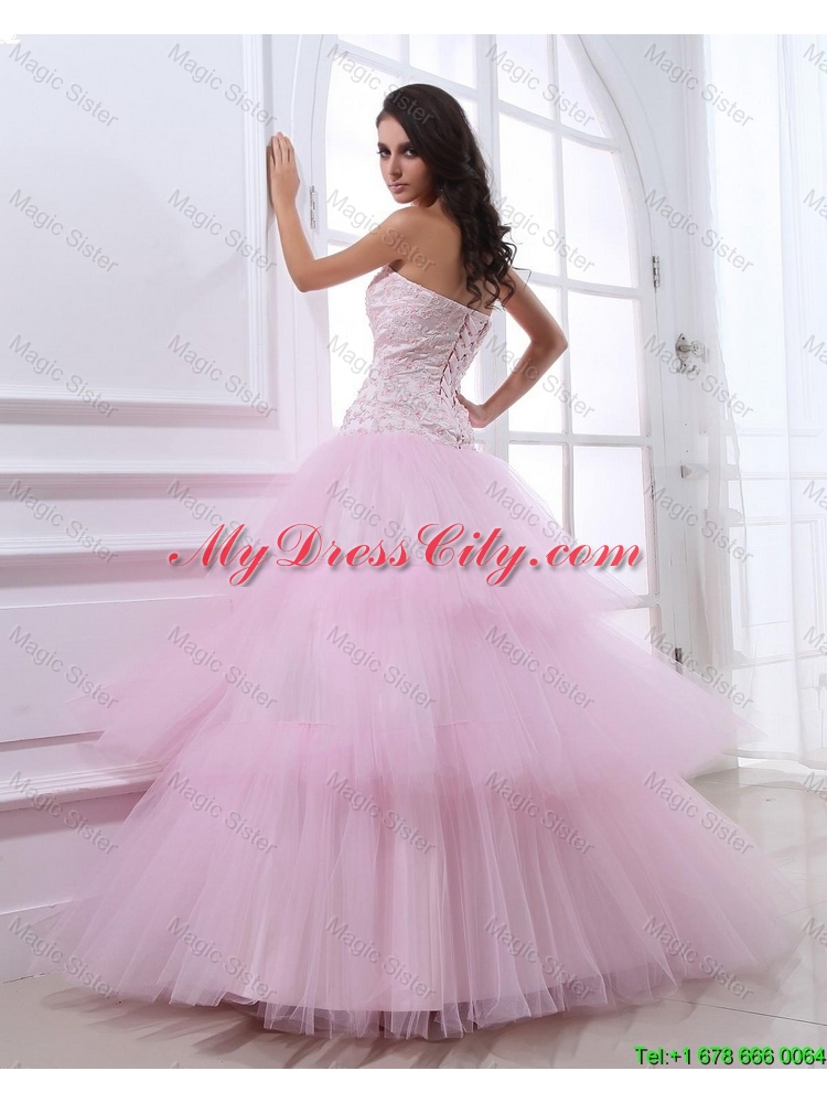 Wonderful Sweetheart Baby Pink Prom Dresses with Sequins and Ruffled Layers