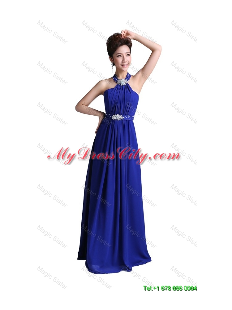 2016 Luxurious Empire Halter Top Prom Dresses with Beading in Royal Blue