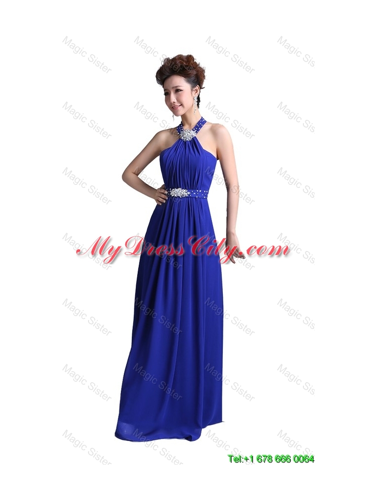 2016 Luxurious Empire Halter Top Prom Dresses with Beading in Royal Blue