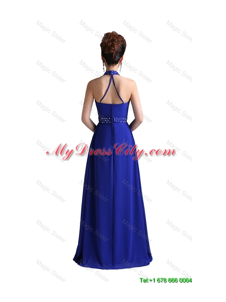 2016 Luxurious Empire Halter Top Prom Dresses with Beading in Royal Blue