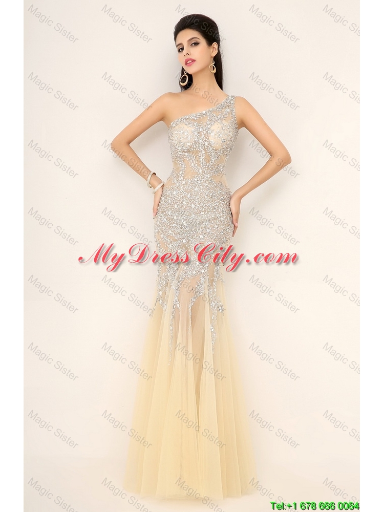 Elegant Champagne One Shoulder Prom Dresses with Side Zipper