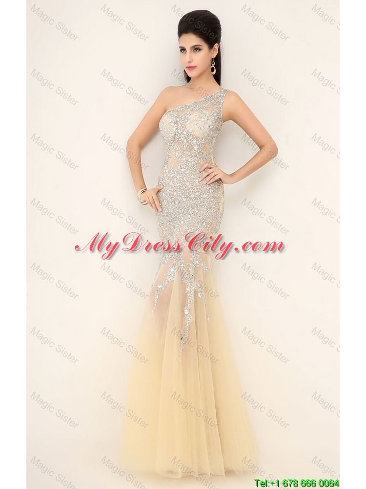 Elegant Champagne One Shoulder Prom Dresses with Side Zipper