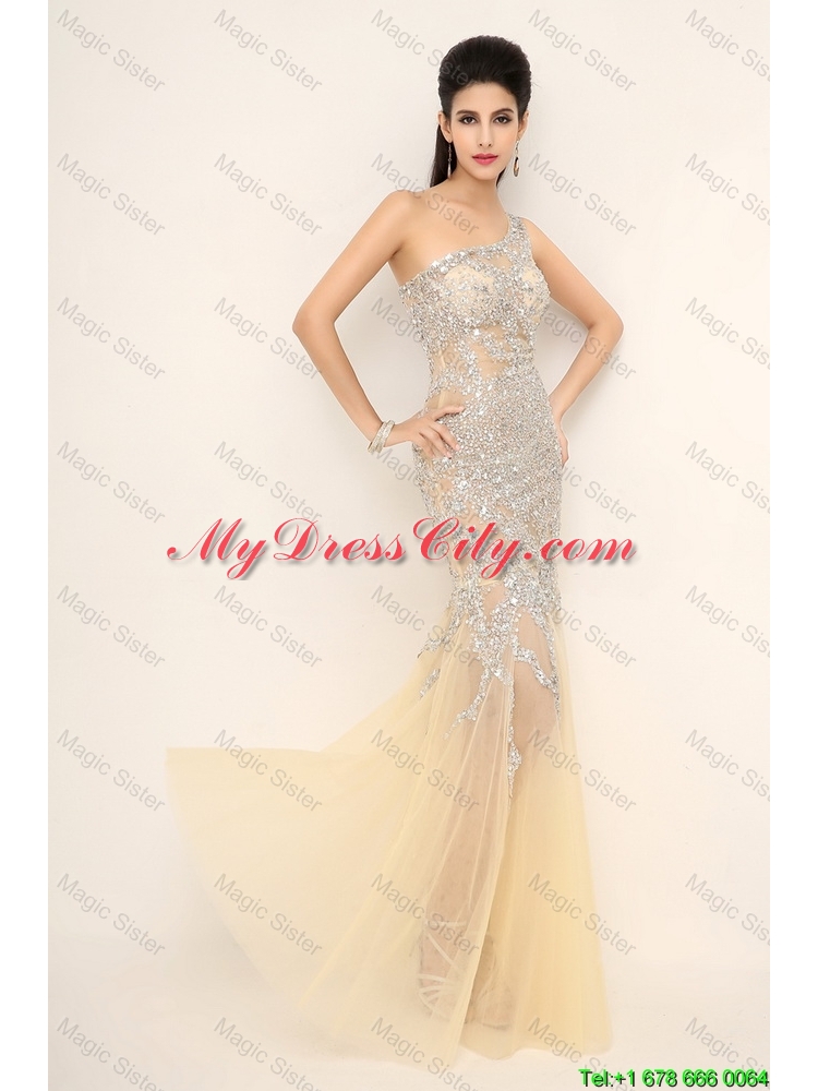 Elegant Champagne One Shoulder Prom Dresses with Side Zipper