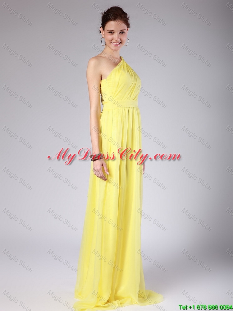 Elegant One Shoulder Sashes Yellow Prom Dresses with Sweep Train for 2016