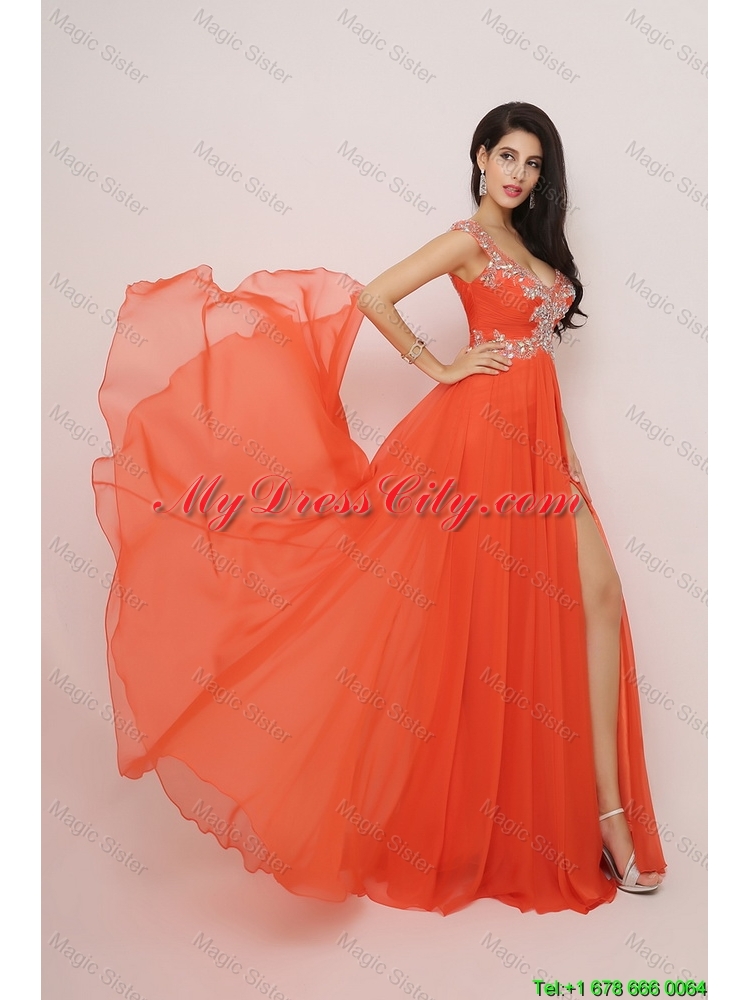 New Arrivals Brush Train Prom Dresses with High Slit and Beading