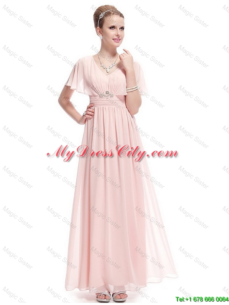 New Style V Neck Beaded Prom Dresses with Short Sleeves