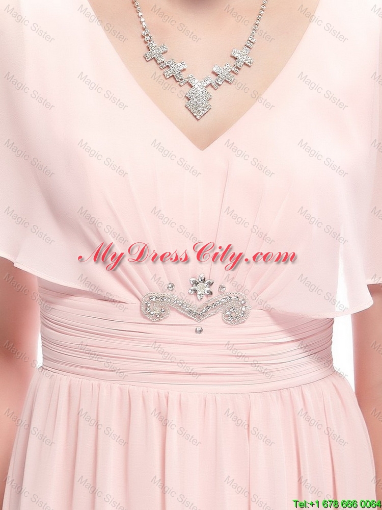 New Style V Neck Beaded Prom Dresses with Short Sleeves