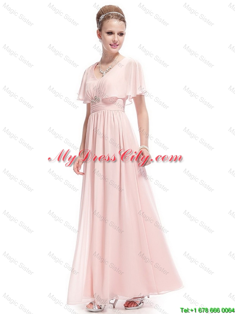 New Style V Neck Beaded Prom Dresses with Short Sleeves