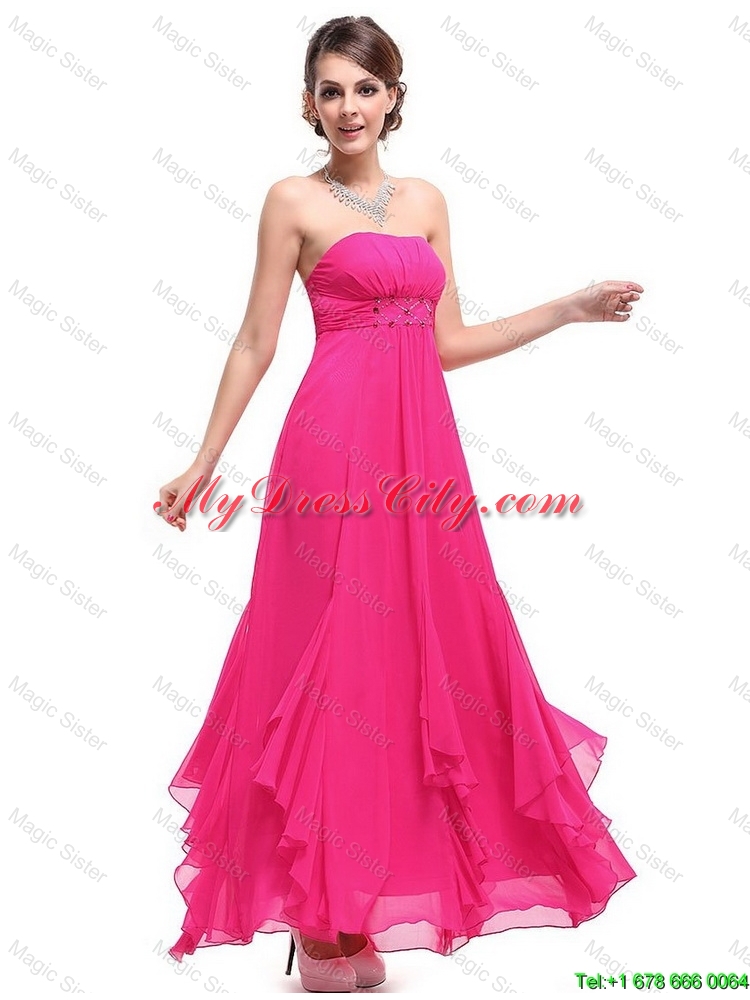 Popular Ankle Length Hot Pink Prom Dresses with Beading