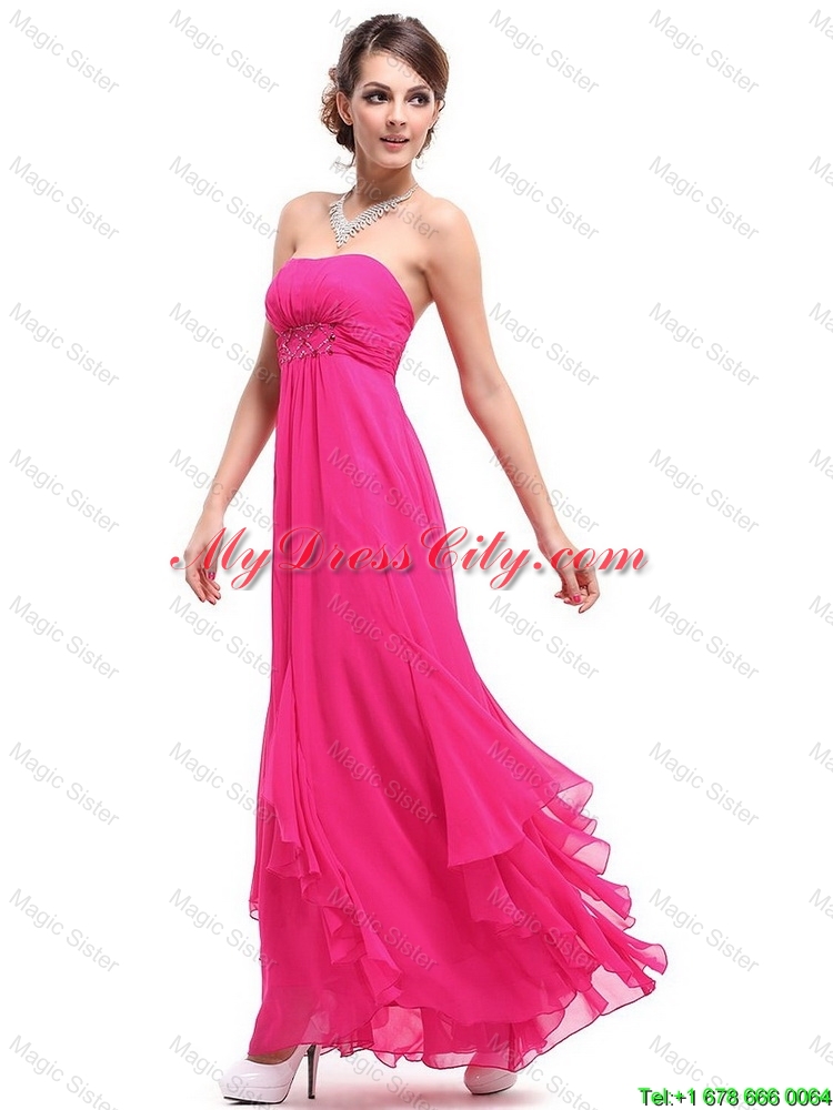 Popular Ankle Length Hot Pink Prom Dresses with Beading