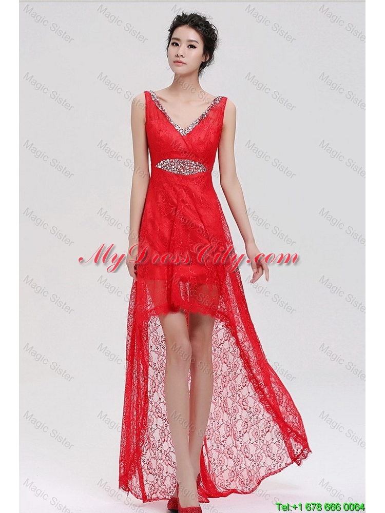 Pretty V Neck Laced and Beaded Red Prom Dresses with High Low