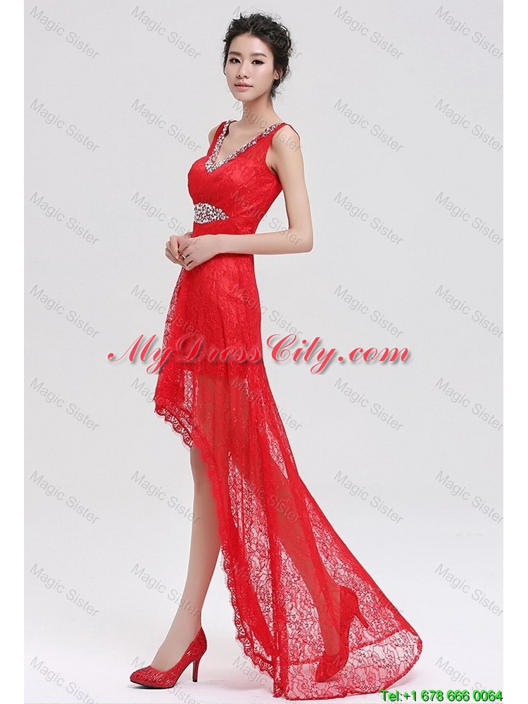 Pretty V Neck Laced and Beaded Red Prom Dresses with High Low