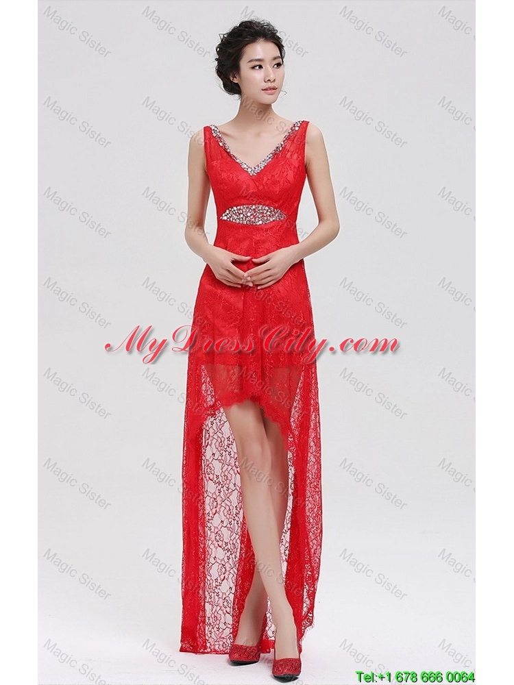 Pretty V Neck Laced and Beaded Red Prom Dresses with High Low