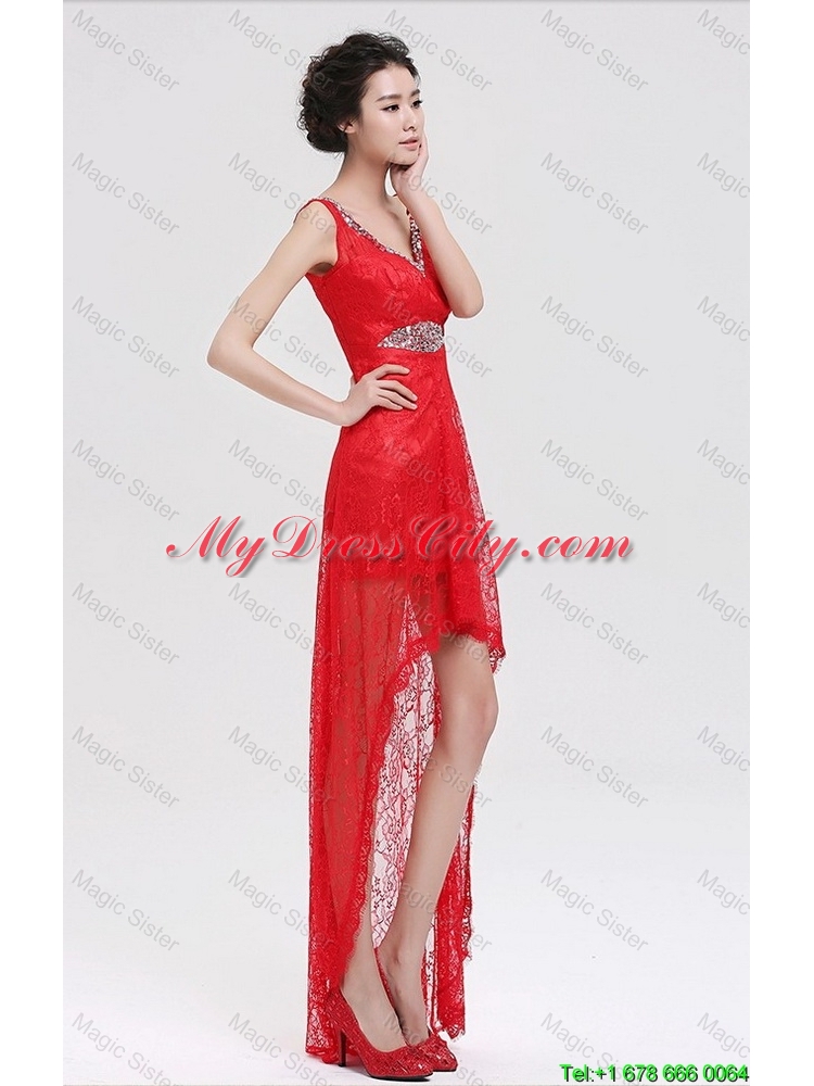 Pretty V Neck Laced and Beaded Red Prom Dresses with High Low