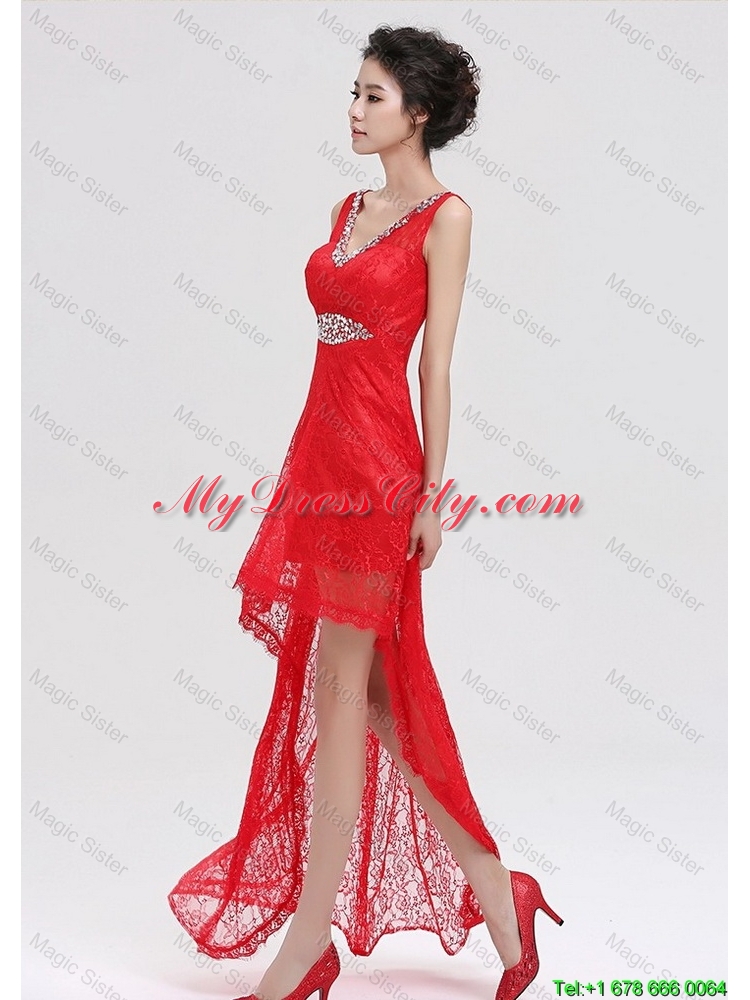 Pretty V Neck Laced and Beaded Red Prom Dresses with High Low