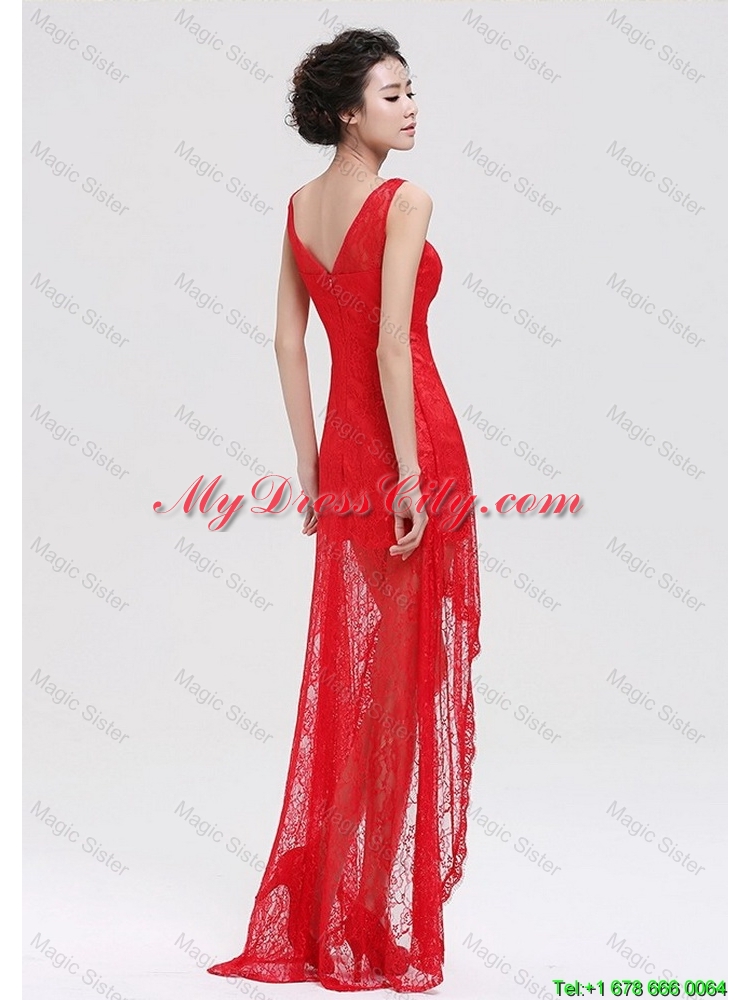 Pretty V Neck Laced and Beaded Red Prom Dresses with High Low