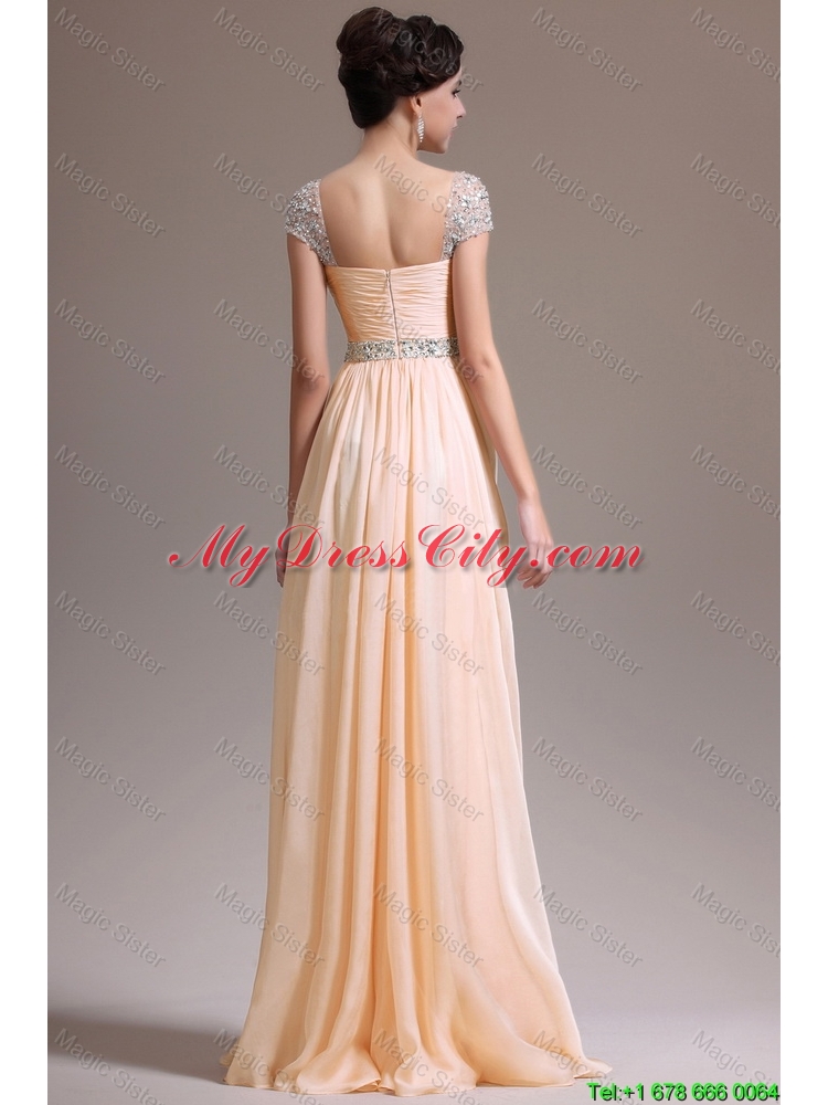 Suitable Empire Straps Beaded Prom Dresses with Cap Sleeves