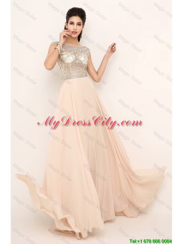 2016 Beautiful Beaded Bateau Prom Dresses with Brush Train