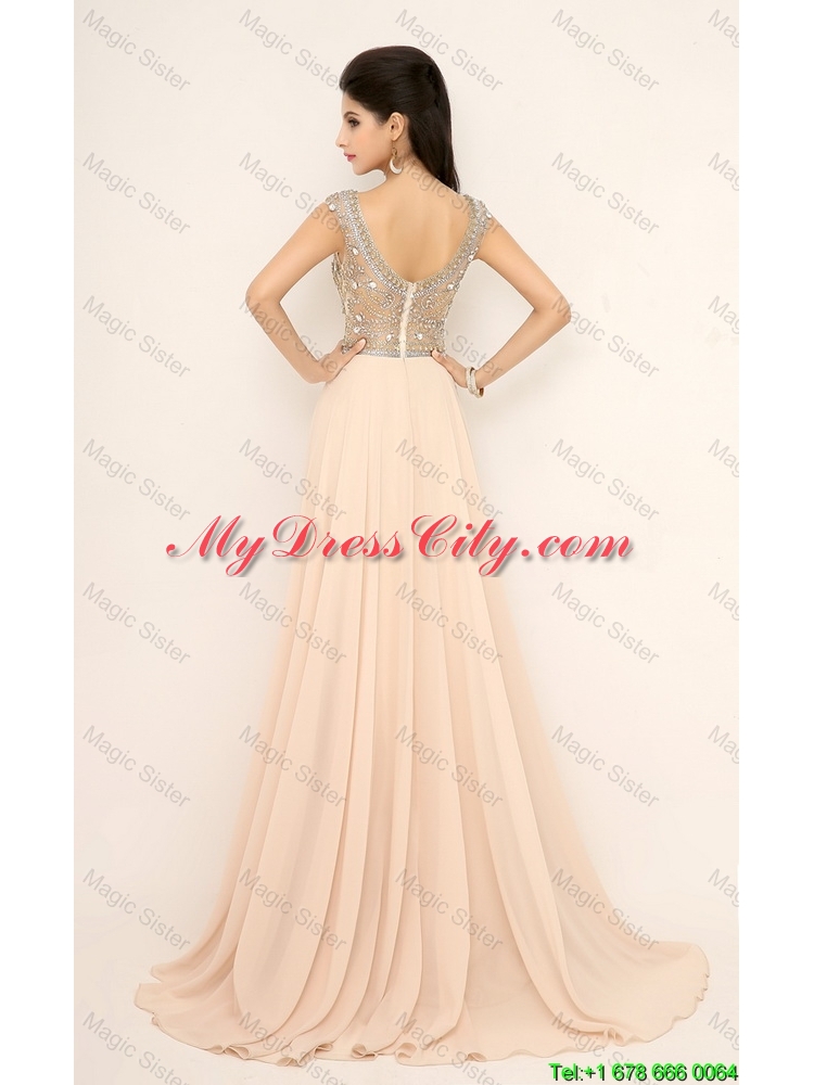 2016 Beautiful Beaded Bateau Prom Dresses with Brush Train