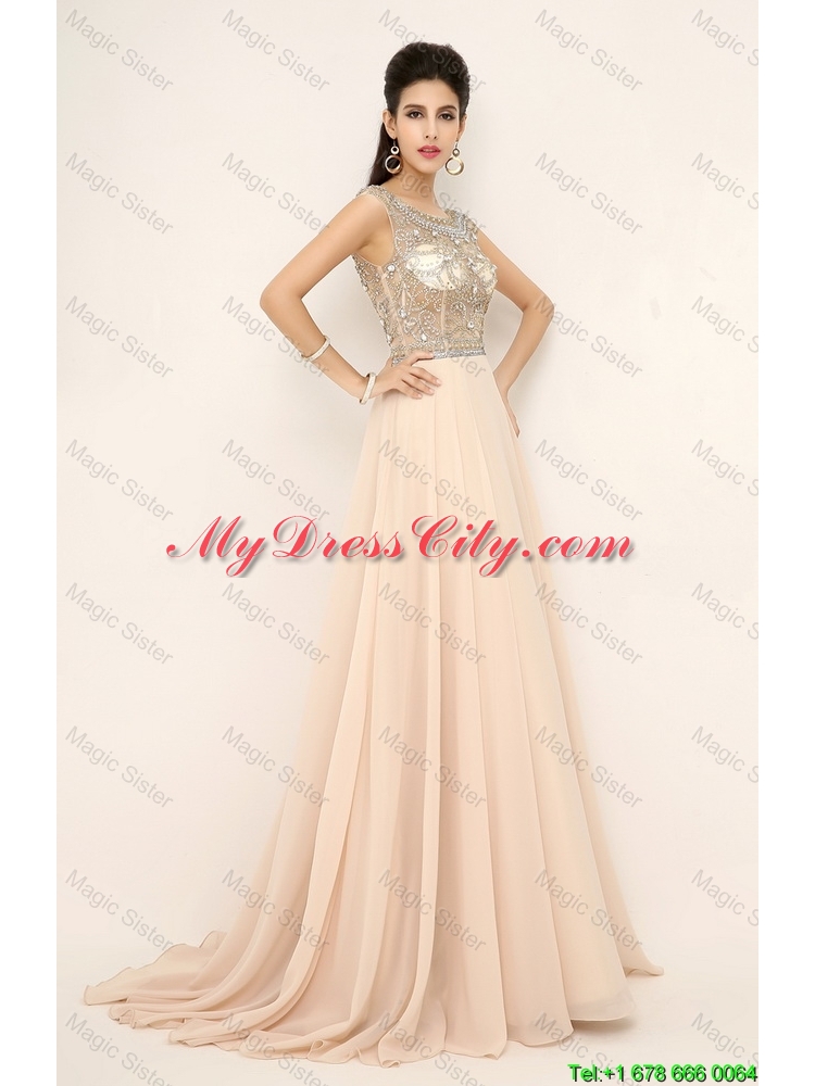 2016 Beautiful Beaded Bateau Prom Dresses with Brush Train