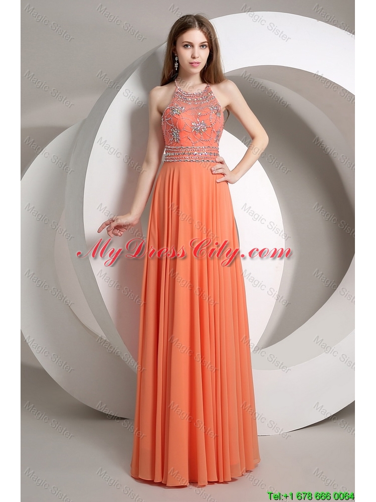 Elegant Beaded Empire Orange Prom Dresses with Halter Top