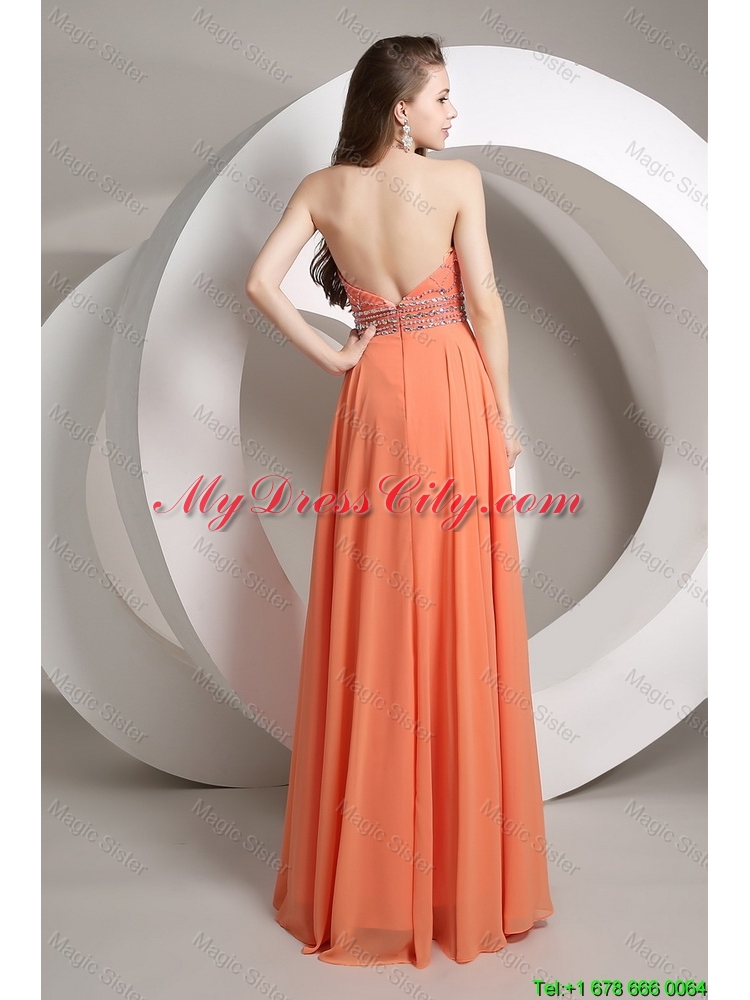 Elegant Beaded Empire Orange Prom Dresses with Halter Top